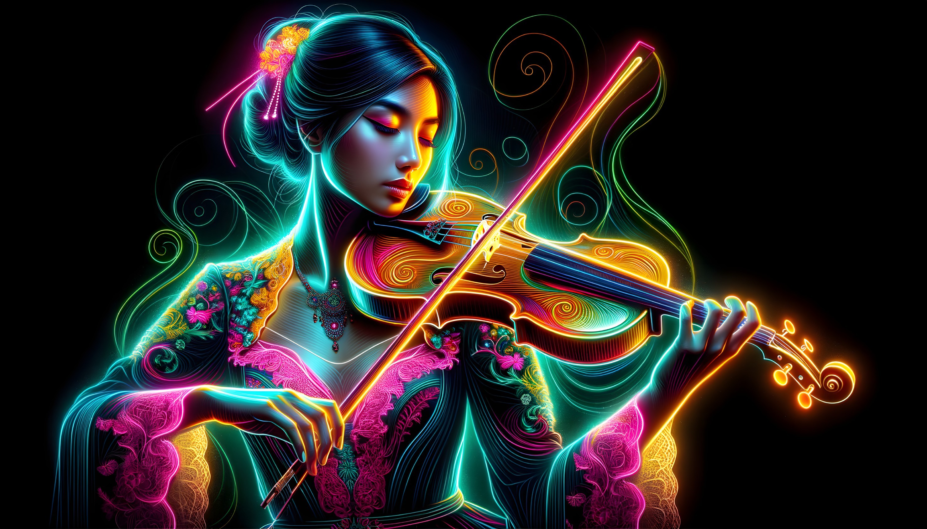 Ethereal Female Figure Playing Violin in Neon Colors