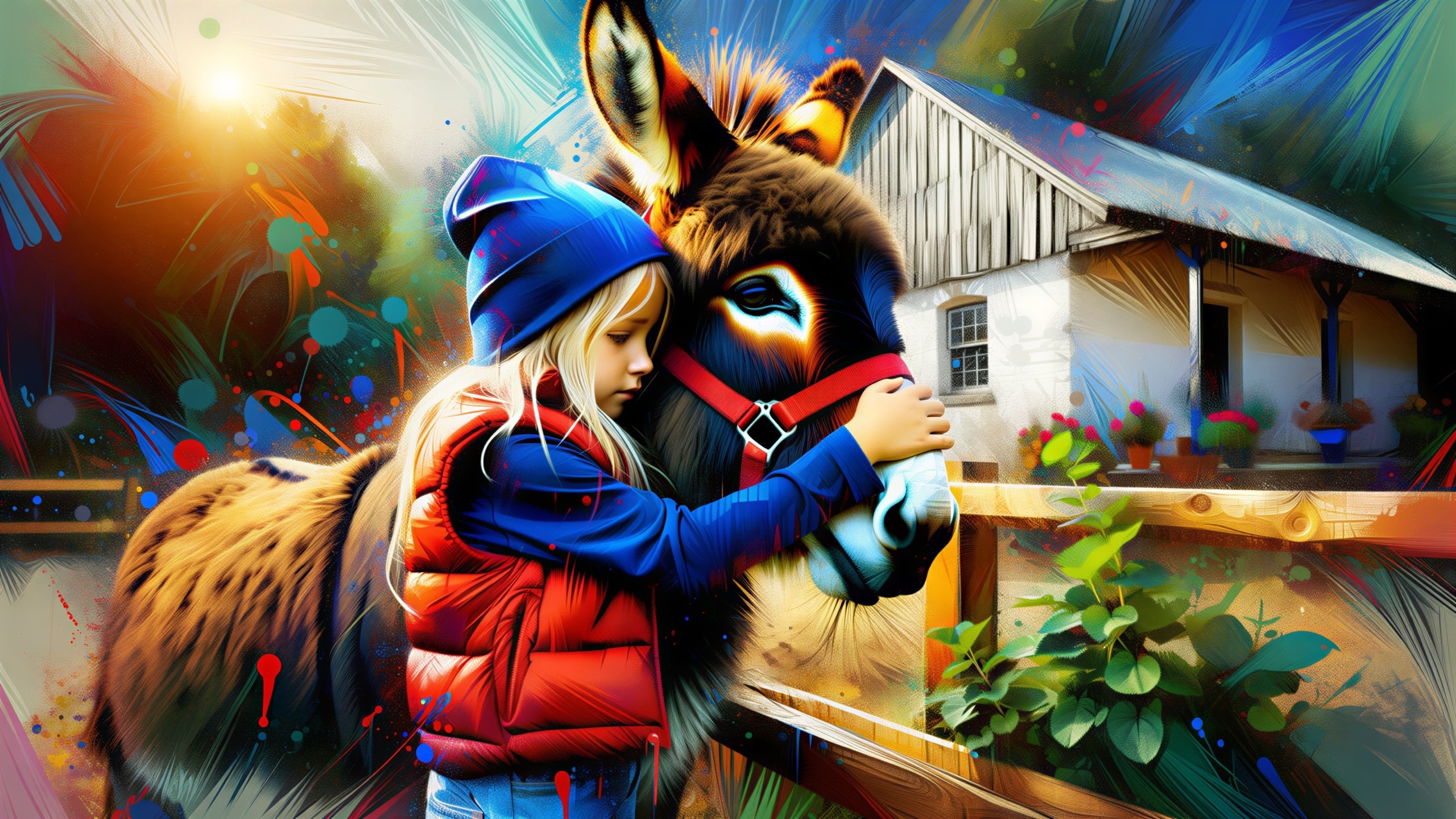 Digital Painting of Girl and Donkey on a Farm