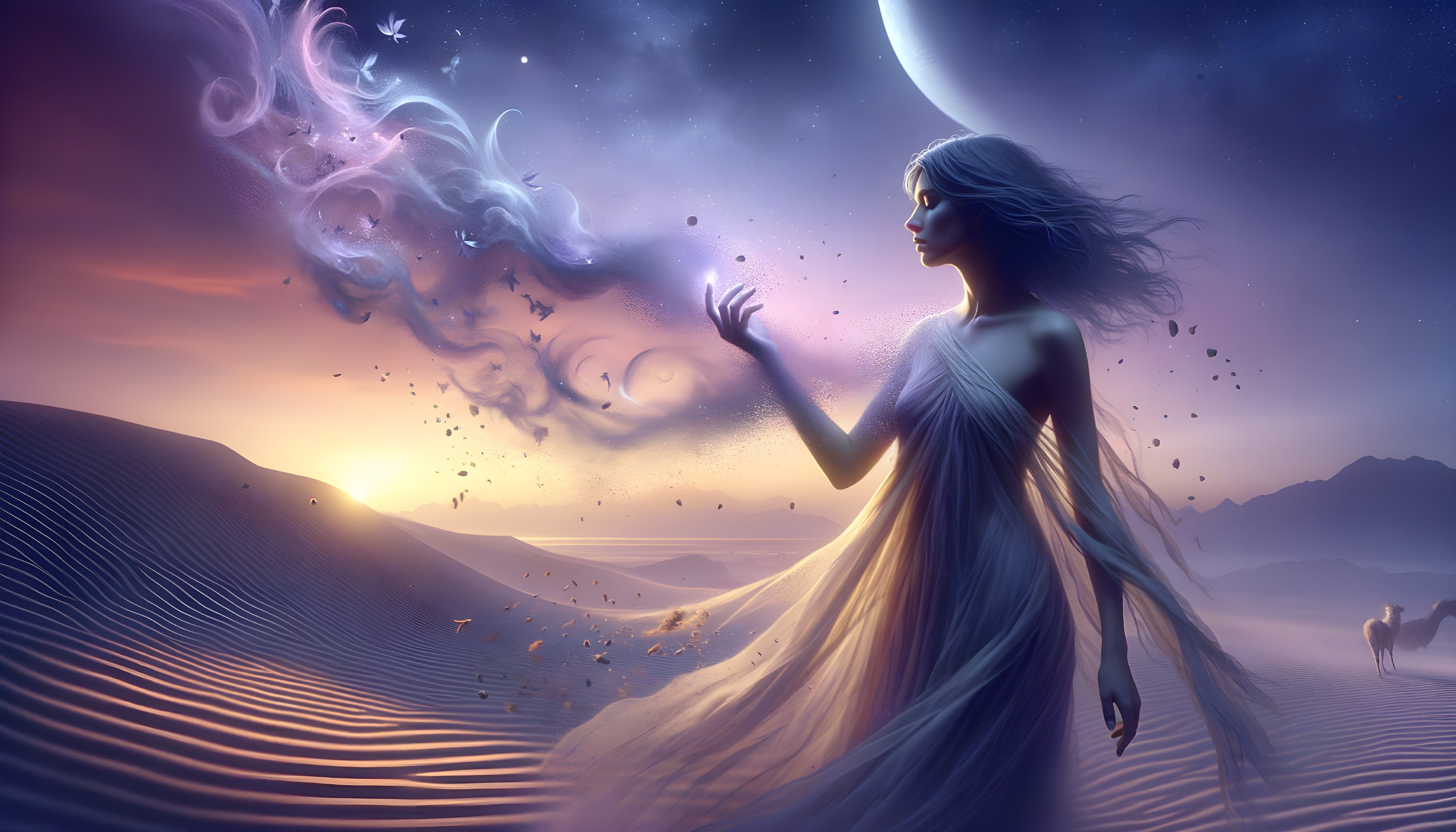 Serene Figure in Surreal Desert Landscape at Dusk