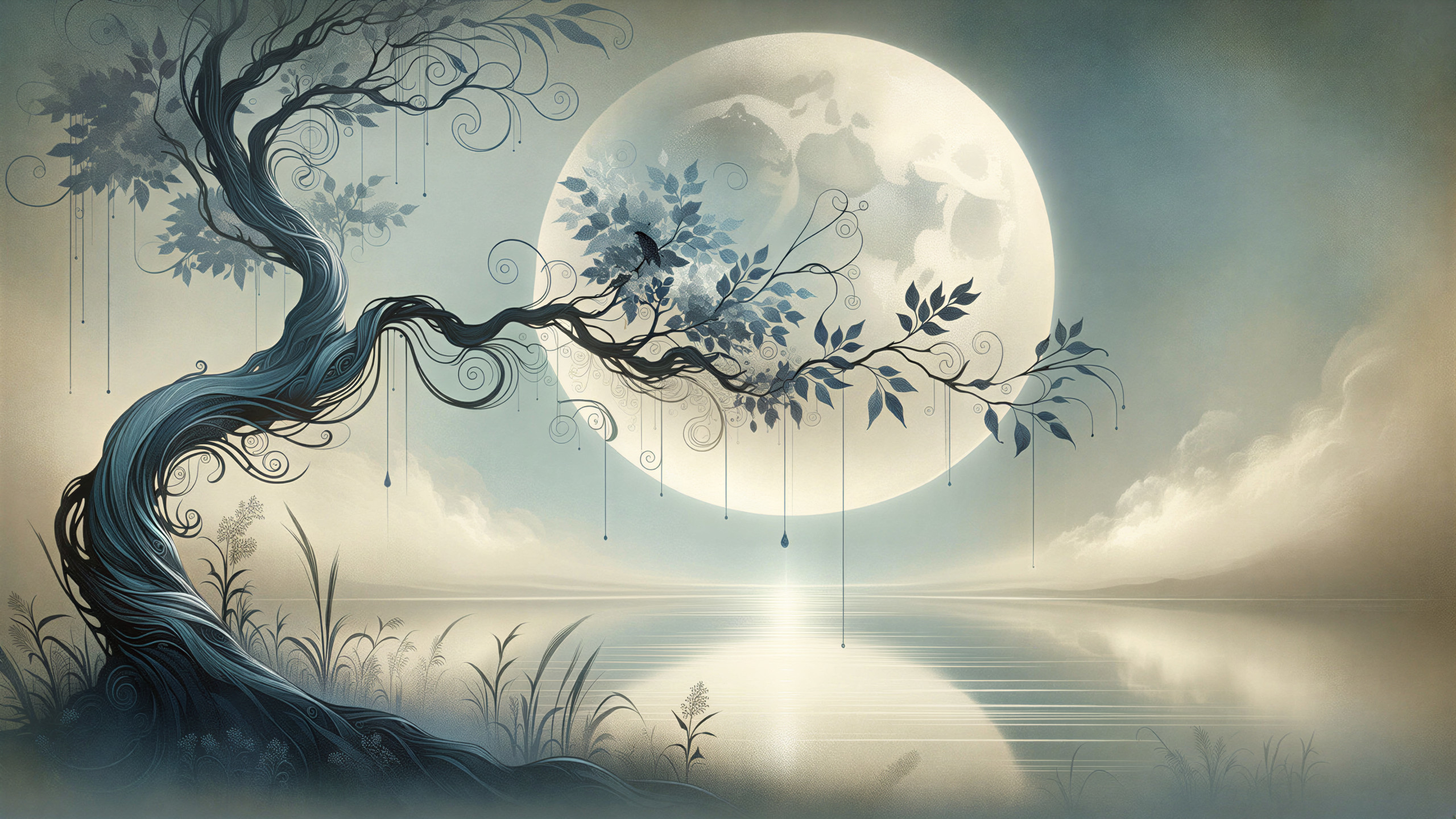 Surreal Twisted Tree Under a Luminous Moon