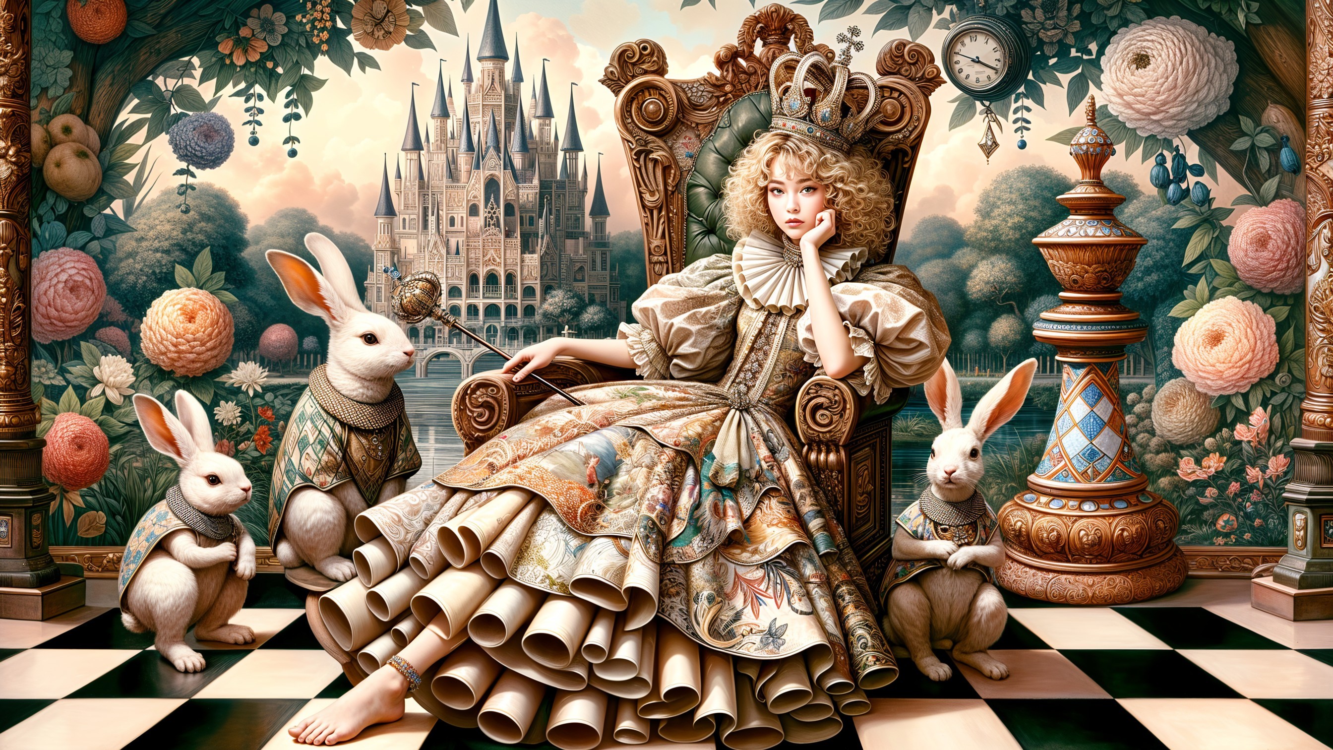 Regal Figure in Lavish Chair Surrounded by Rabbits