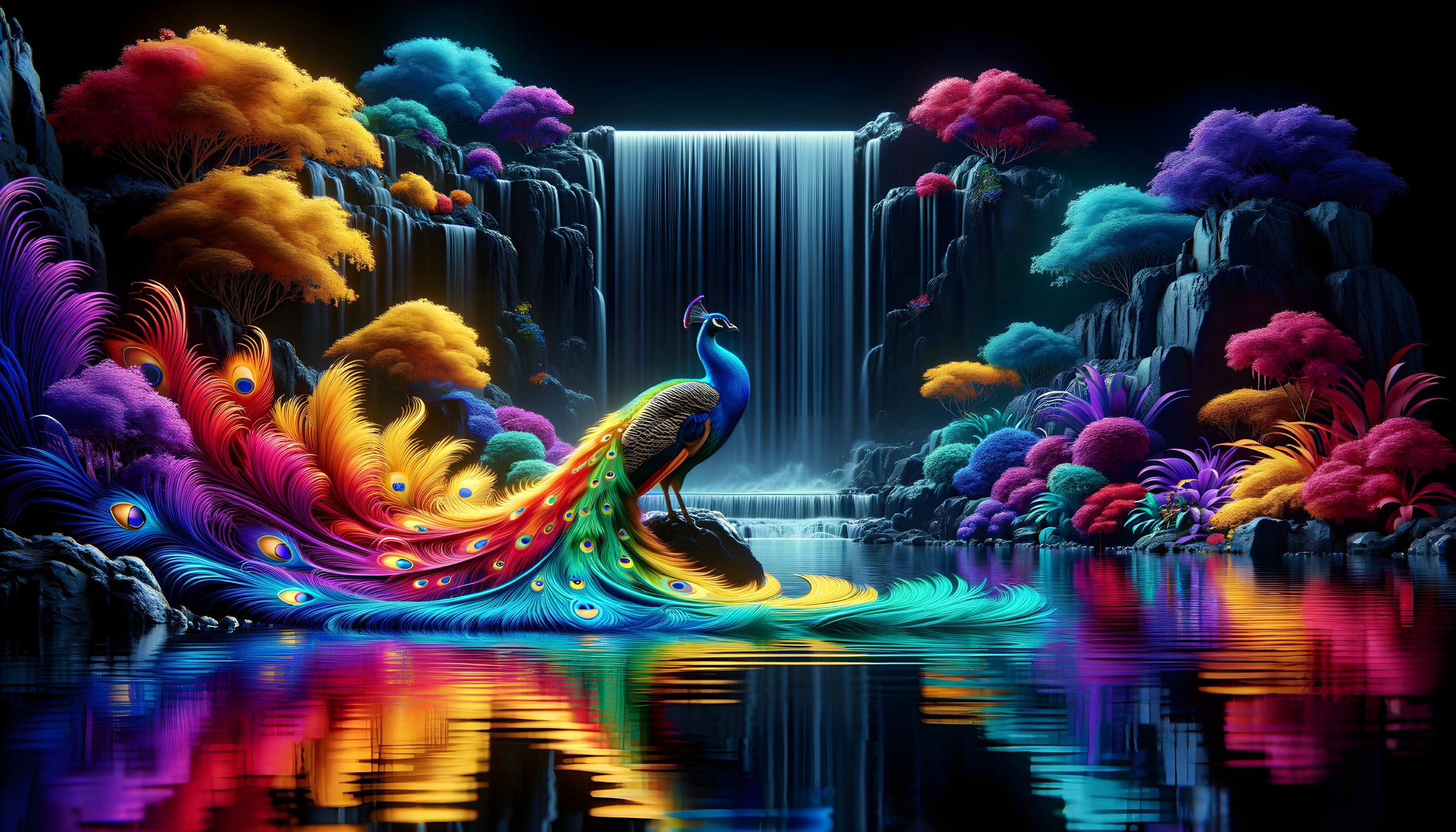 Colorful peacock art in neon-lit waterfall scene