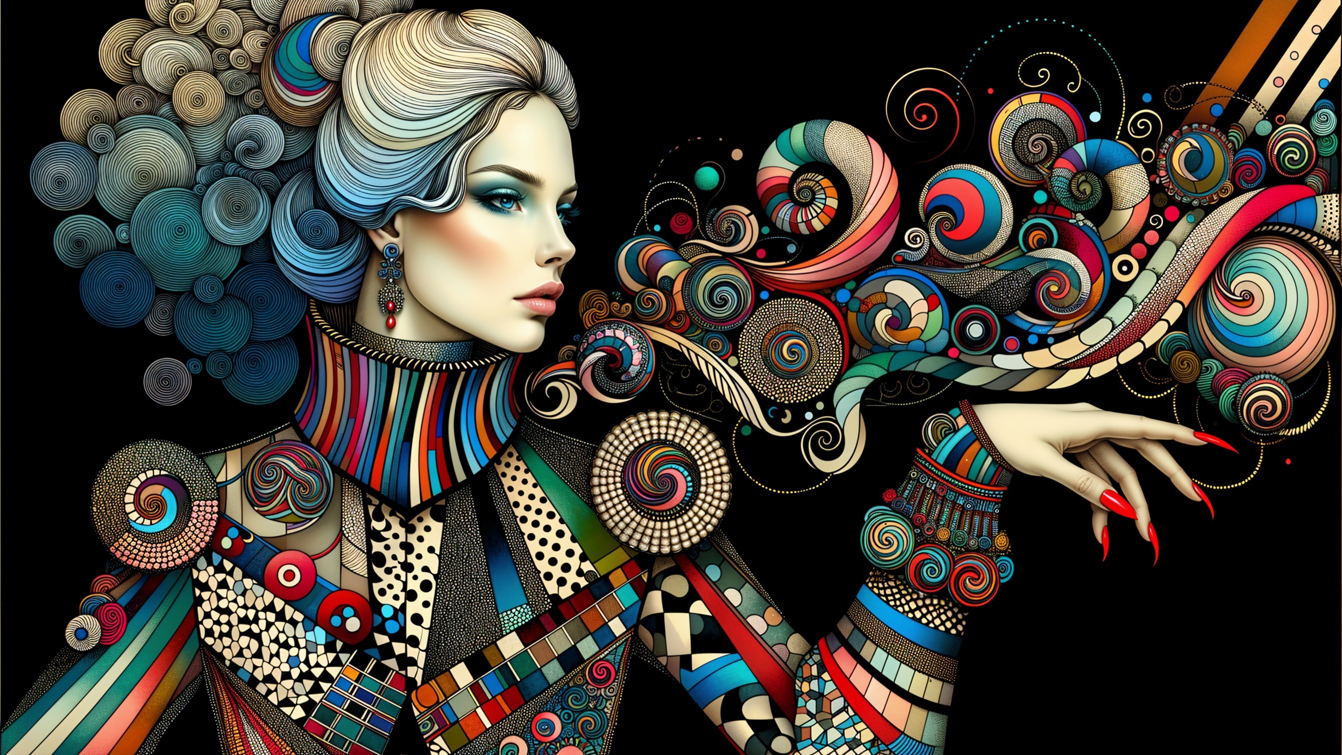 Stylized Woman with Colorful Patterns and Expression