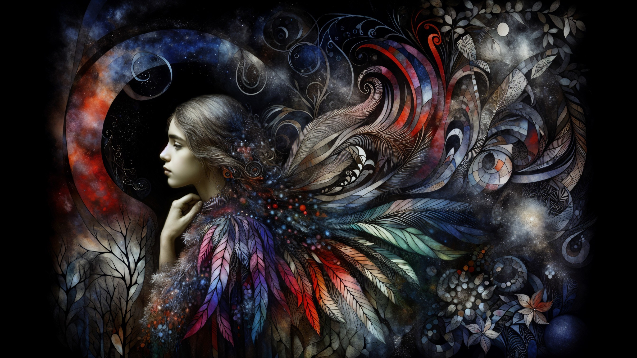 Ethereal figure in cosmic background with vibrant cloak