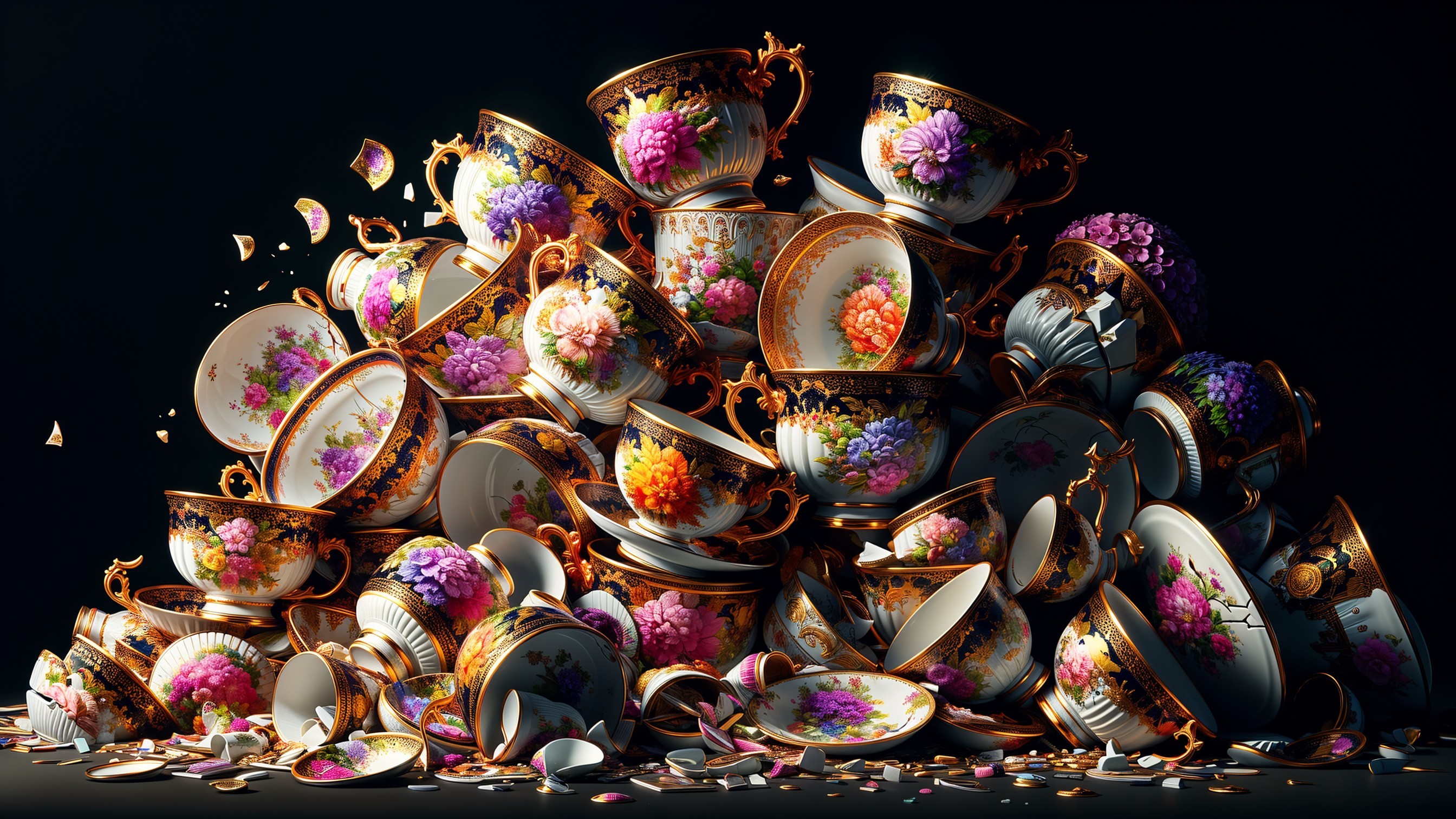 Intricate Porcelain Tea Cups and Saucers Arrangement
