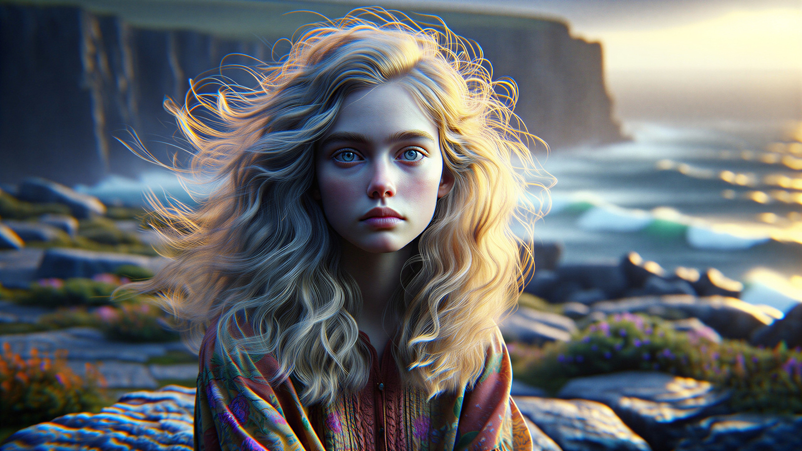 Young Woman at Dramatic Coastline with Vibrant Garment