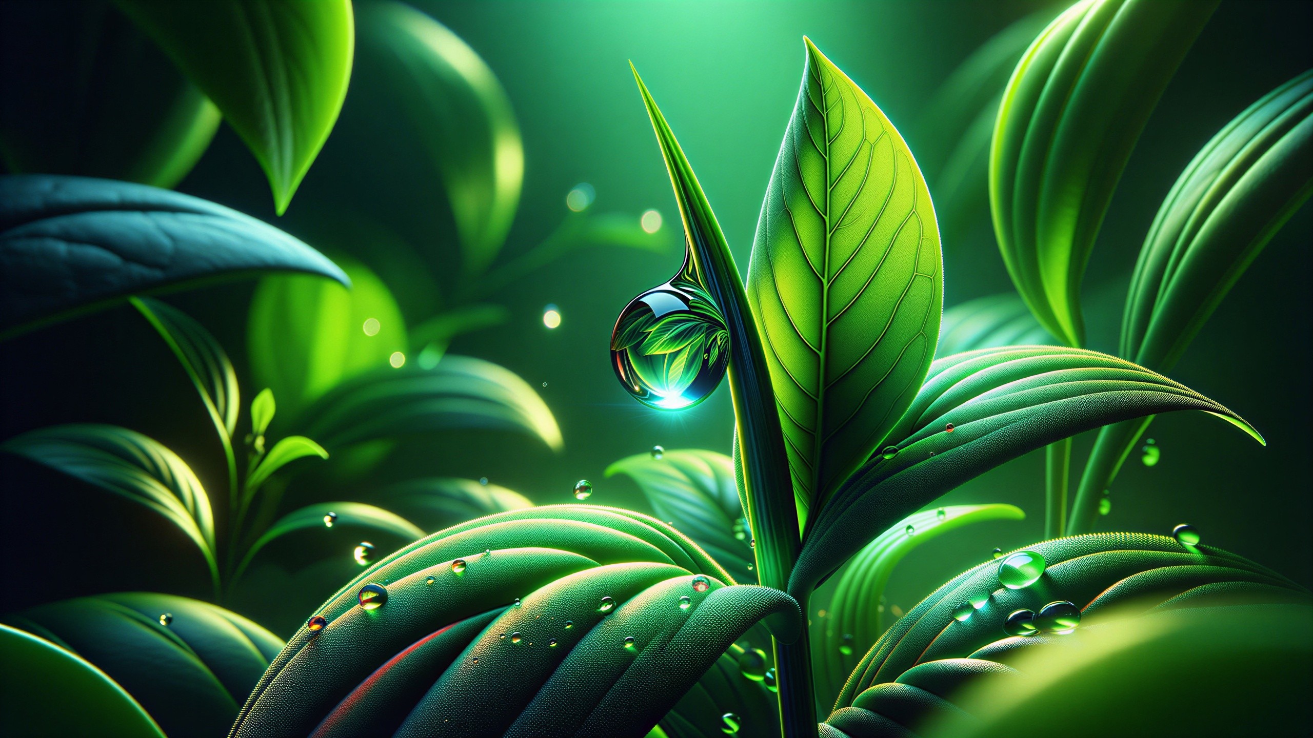 Vibrant Green Leaves with Water Droplets and Light