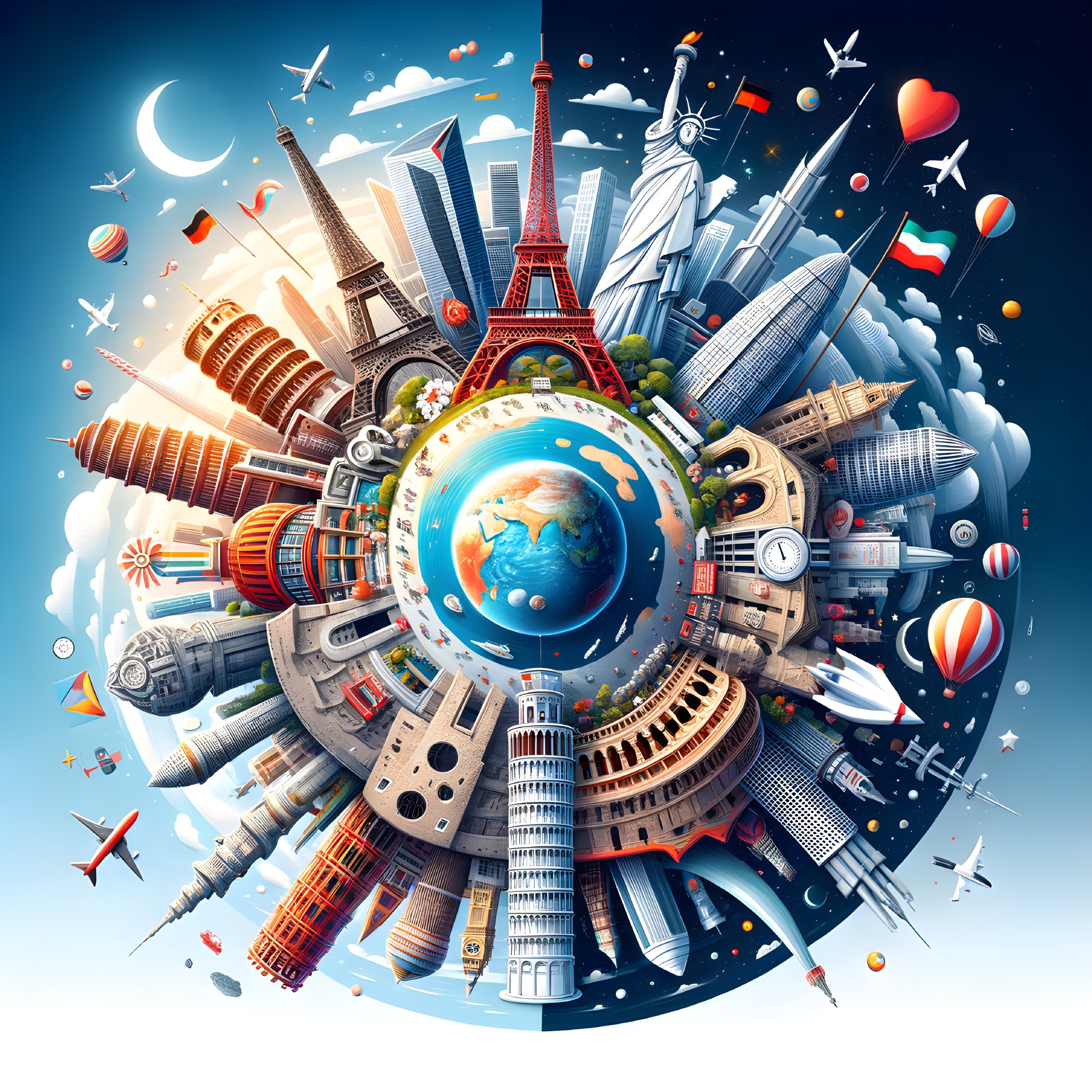 Whimsical Illustration of Global Landmarks and Culture