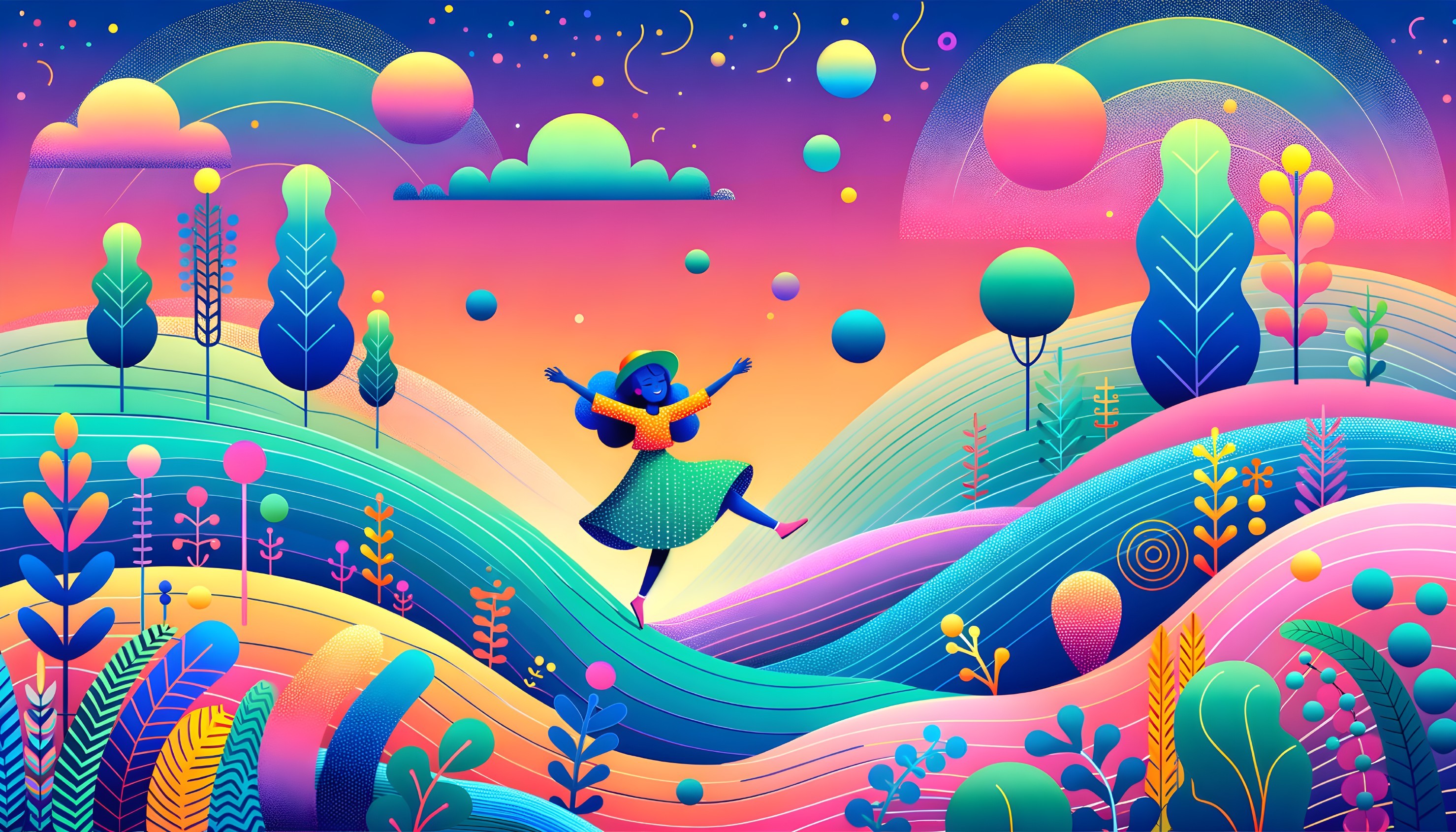 Whimsical Landscape with Colorful Trees and Shapes