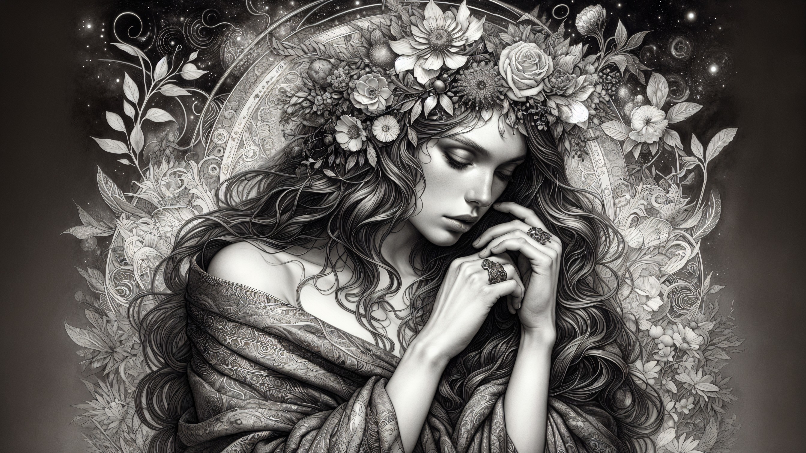 Serene Portrait of Woman with Floral Crown and Patterns