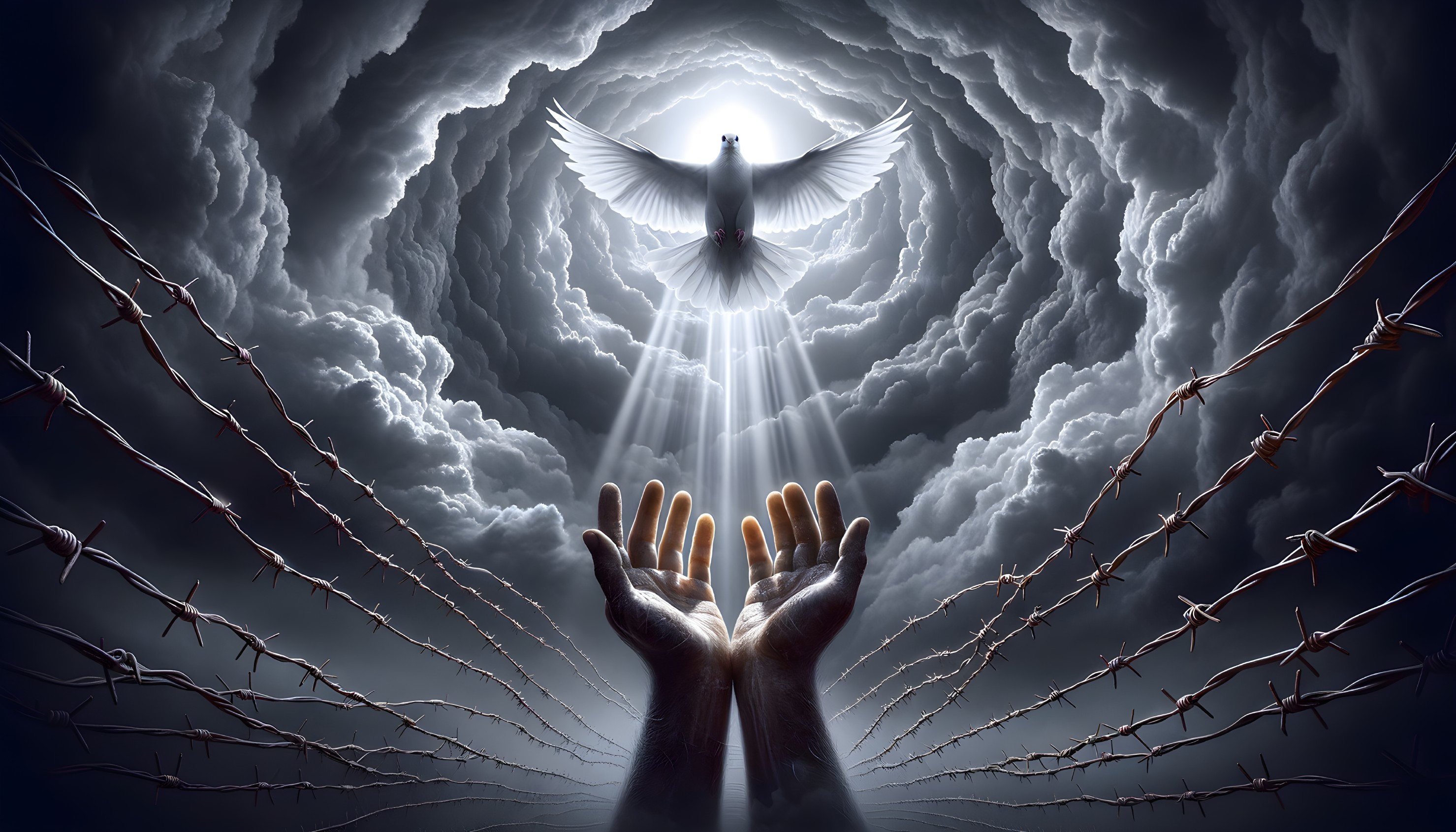 Hands Reaching for a Dove Amidst Dark Clouds