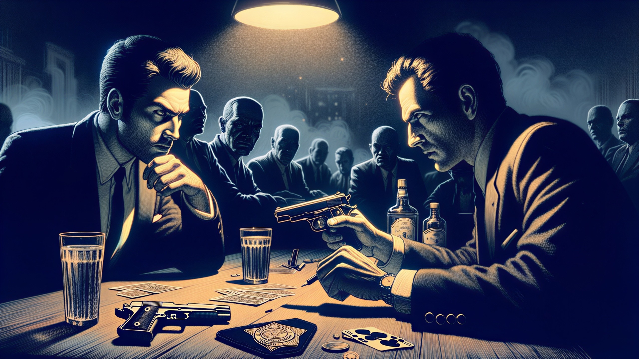 Intense Standoff in a Dimly Lit Noir Setting