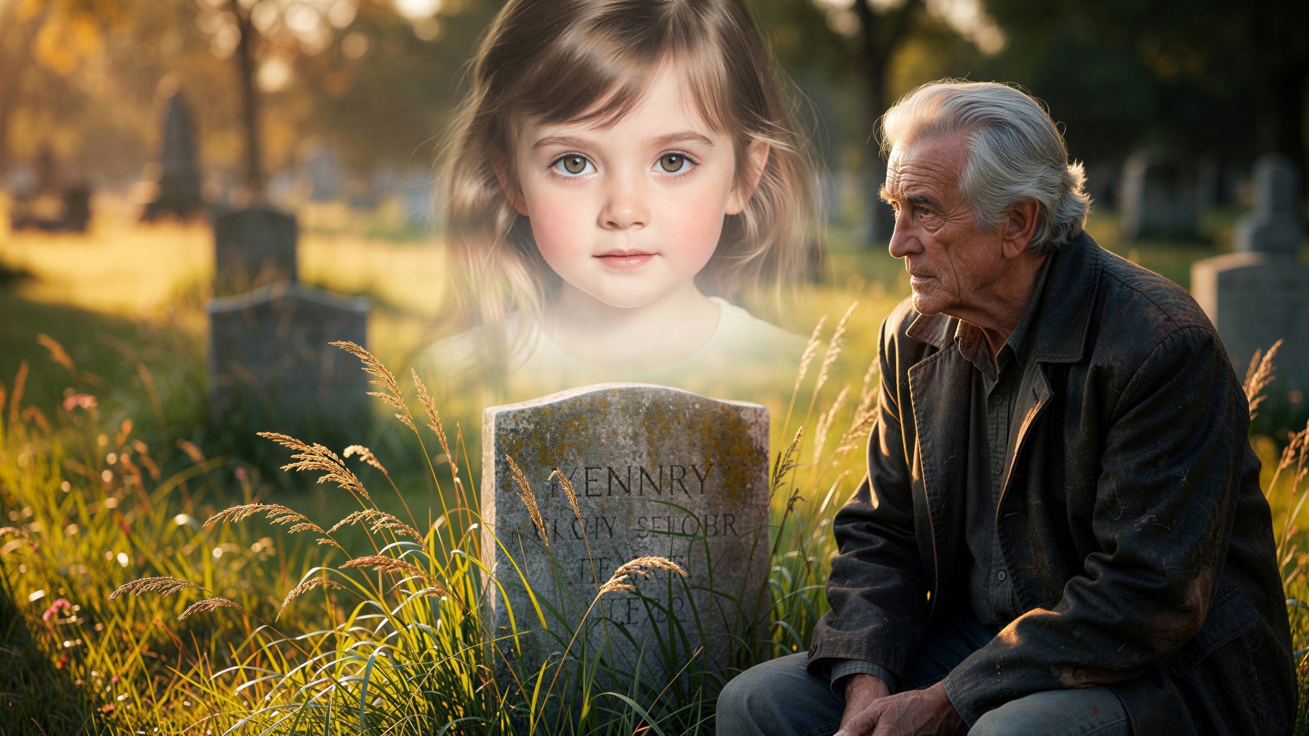 Elderly Man in Graveyard with Ghostly Image of Girl
