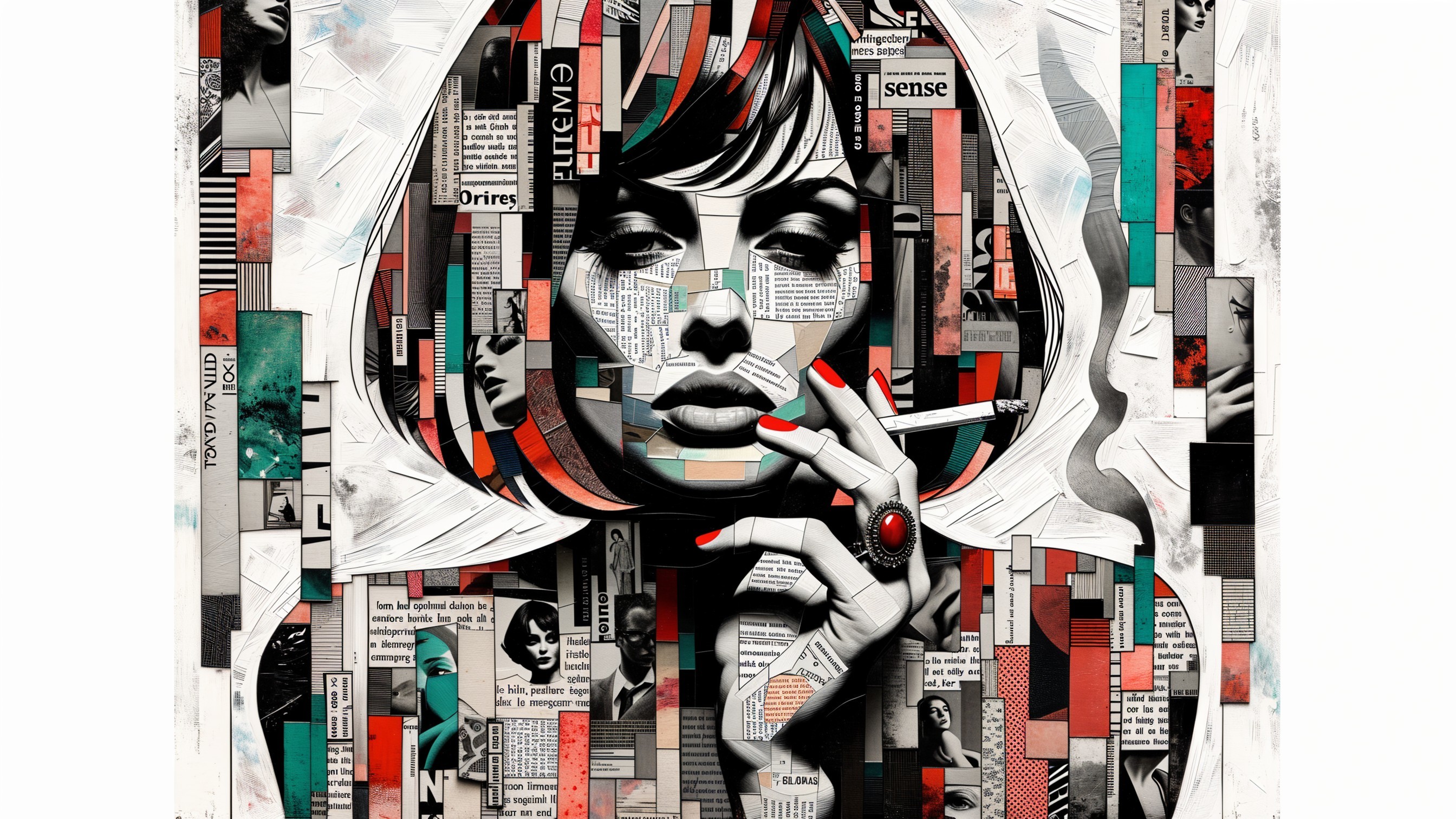 Bold Portrait of a Woman with Cigarette and Collage