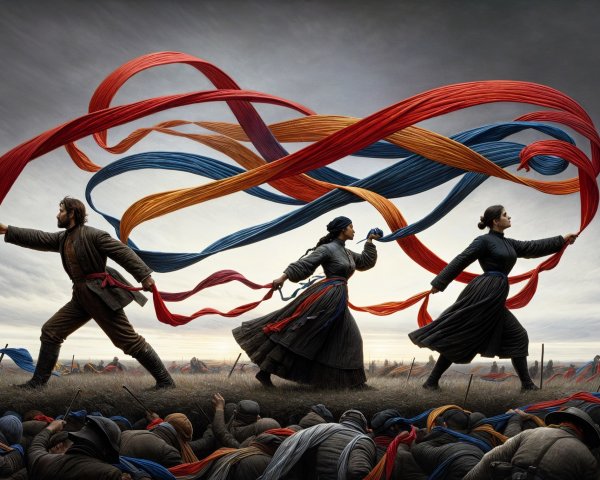 Historical Figures with Ribbons on Battlefield Scene