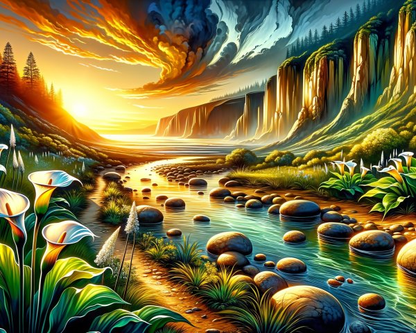 Vibrant Landscape with River and Dramatic Sky