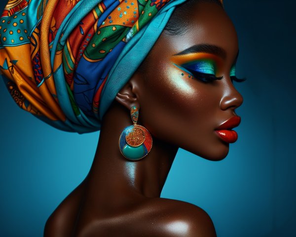 Portrait of a Woman with Vibrant Makeup and Headwrap