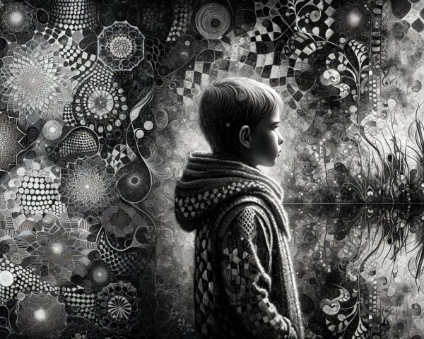 Young boy in profile with intricate monochrome backdrop