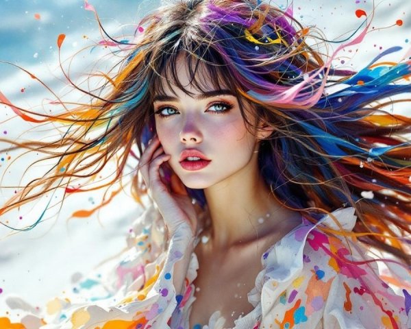 Portrait of a young woman with vibrant, colorful hair