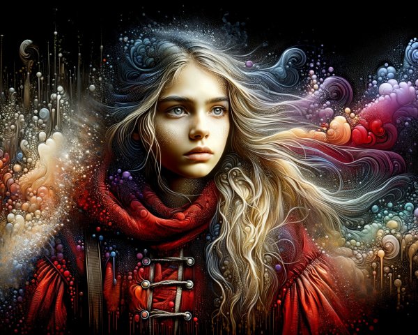 Young woman in red coat with abstract colorful background