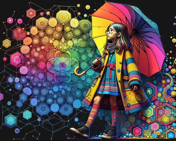 Whimsical Illustration of a Girl with Colorful Umbrella