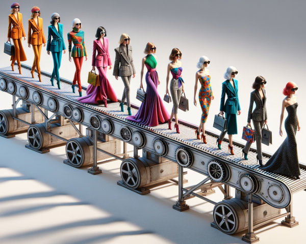 Stylish Figures Showcase Fashion on Conveyor Belt