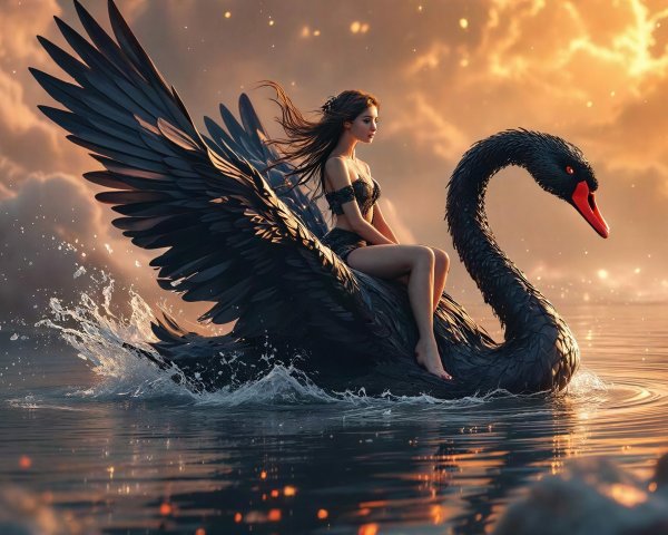 A digital painting of a woman on a black swan