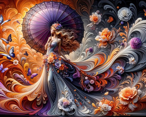 Vibrant Artwork of Woman with Purple Umbrella and Flowers