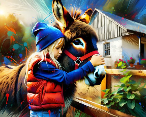 Digital Painting of Girl and Donkey on a Farm