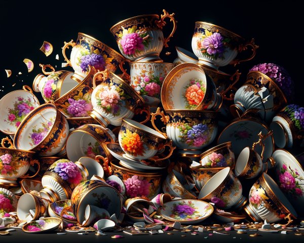 Intricate Porcelain Tea Cups and Saucers Arrangement