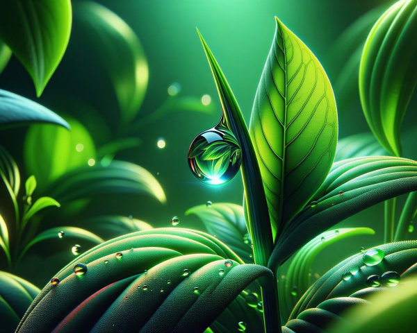 Vibrant Green Leaves with Water Droplets and Light
