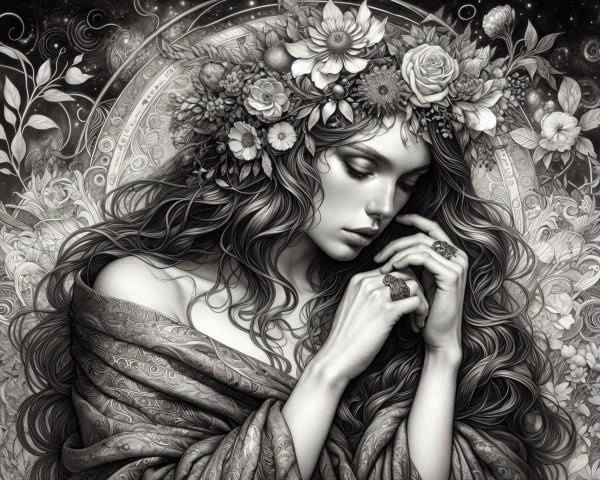 Serene Portrait of Woman with Floral Crown and Patterns