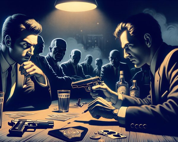 Intense Standoff in a Dimly Lit Noir Setting