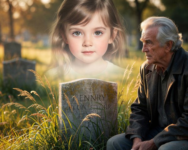 Elderly Man in Graveyard with Ghostly Image of Girl