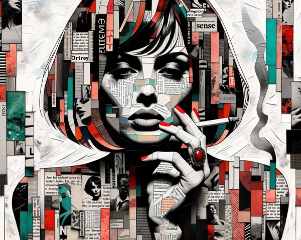 Bold Portrait of a Woman with Cigarette and Collage