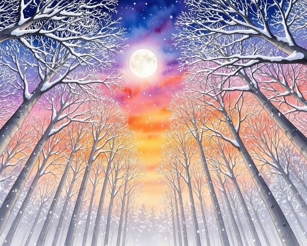Watercolor Winter Forest Scene with Moonlit Sky
