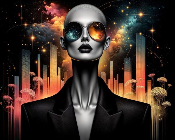 Futuristic figure with cosmic sunglasses in city skyline