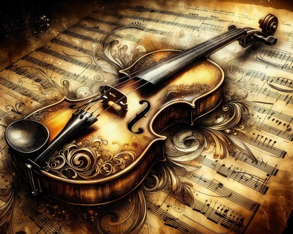 Violin on Ornate Sheet Music with Elegant Designs