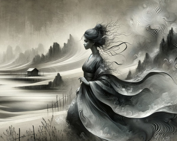 Monochromatic Landscape with Woman by Waterway