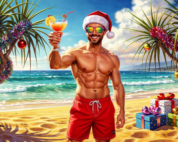 Shirtless Man in Santa Hat on Beach with Christmas Decor