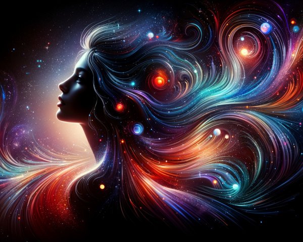 Silhouette of a woman's profile with cosmic hair design