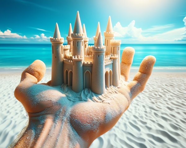 Intricate Sandcastle in Hand with Beach Background