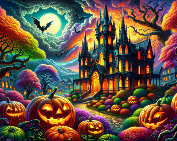 Gothic Castle Surrounded by Halloween Elements