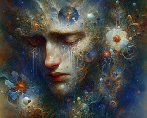 Contemplative Face with Cosmic and Floral Elements