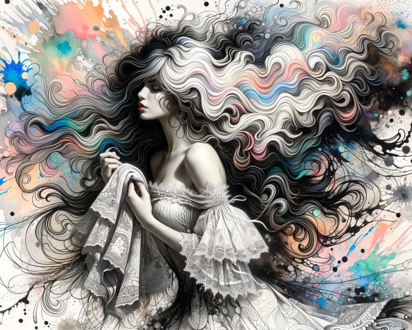 Illustration of a woman with vibrant hair and gown