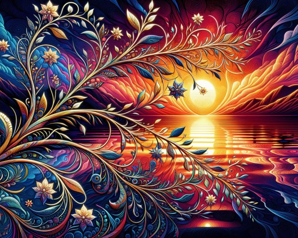 Intricate Floral Landscape with Vibrant Sunset Colors