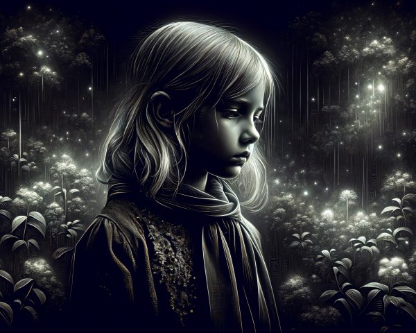 Contemplative Girl Amid Ethereal Monochrome Flora