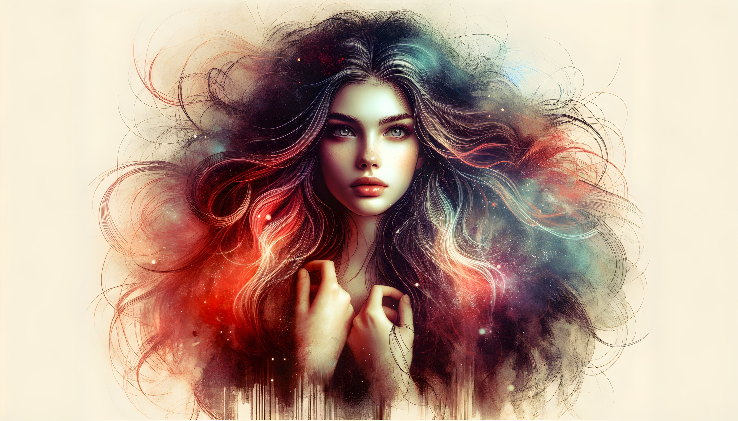 Digital Artwork of Woman with Nebula-Inspired Hair