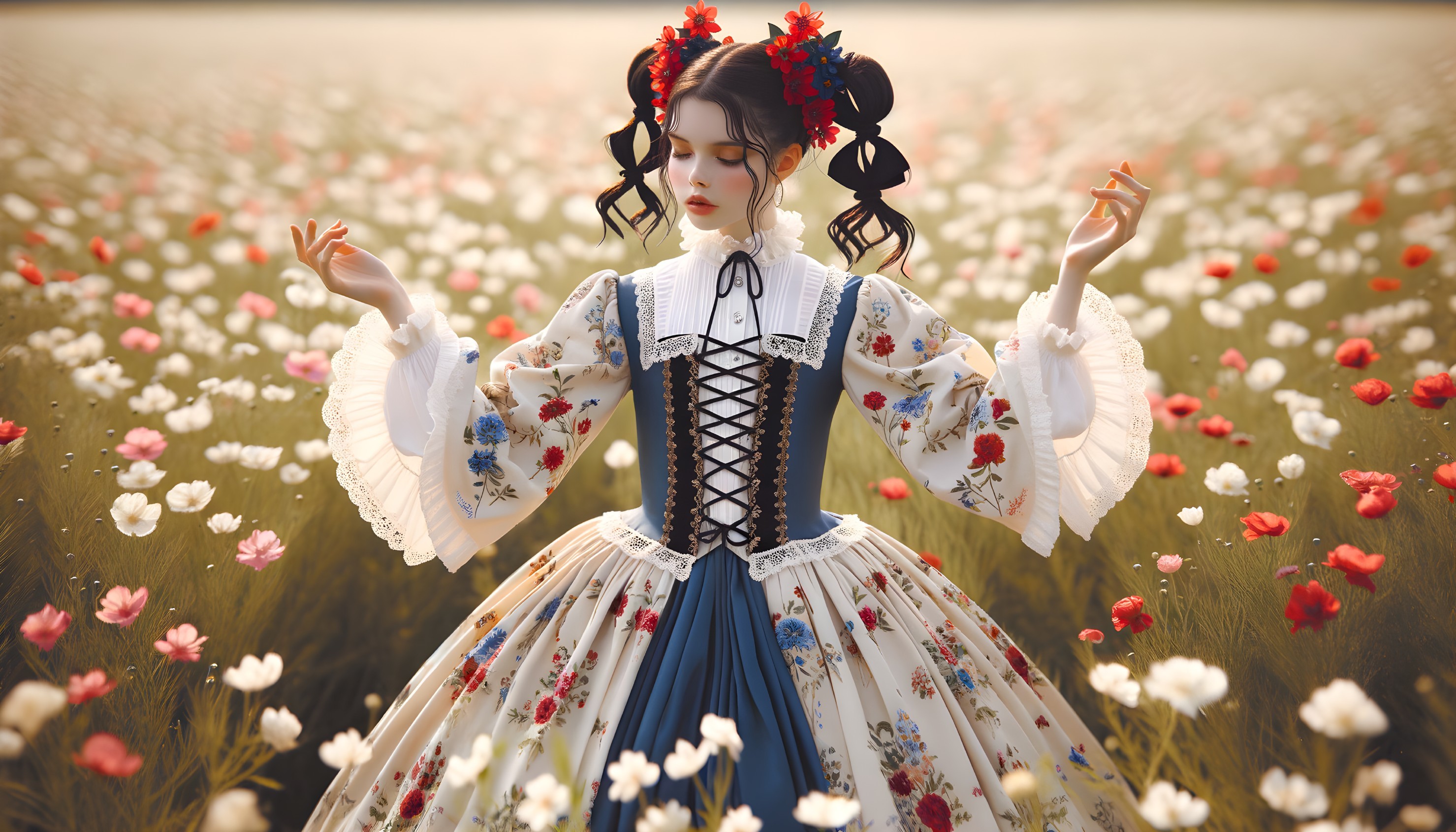 Young Woman in Vintage Dress in Colorful Flower Field