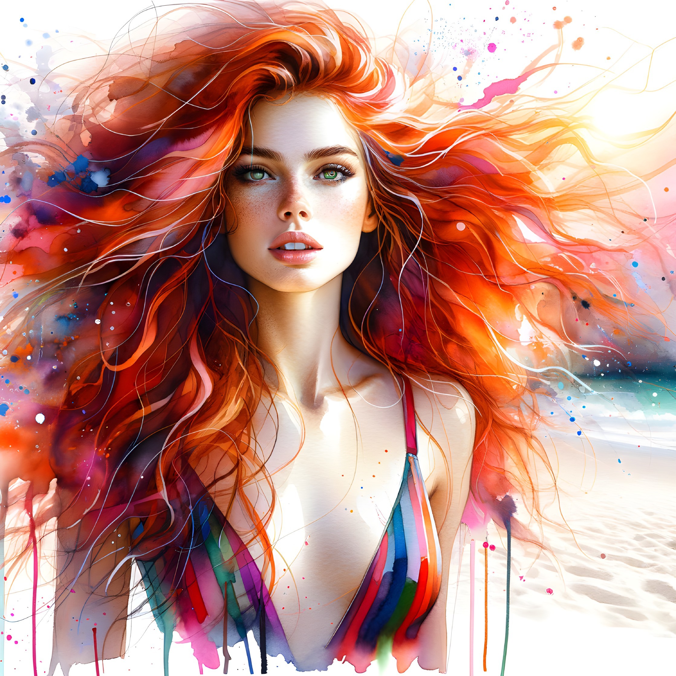 Portrait of a Woman with Vibrant Red Hair in Watercolor